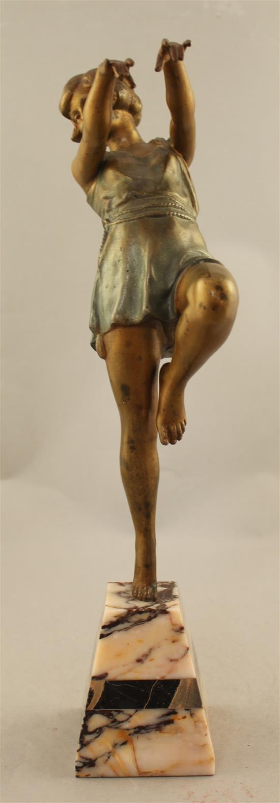 A French Art Deco patinated and cold painted metal figure of a dancing girl, 15.5in.